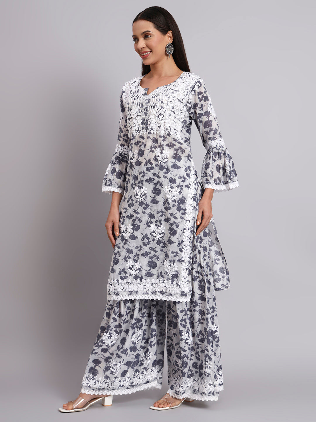 Women Hand Embroidered Chikankari Cotton Kurta Set-AL4099KS Grey