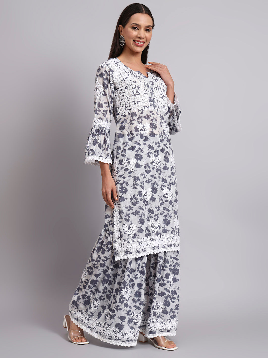 Women Hand Embroidered Chikankari Cotton Kurta Set-AL4099KS Grey