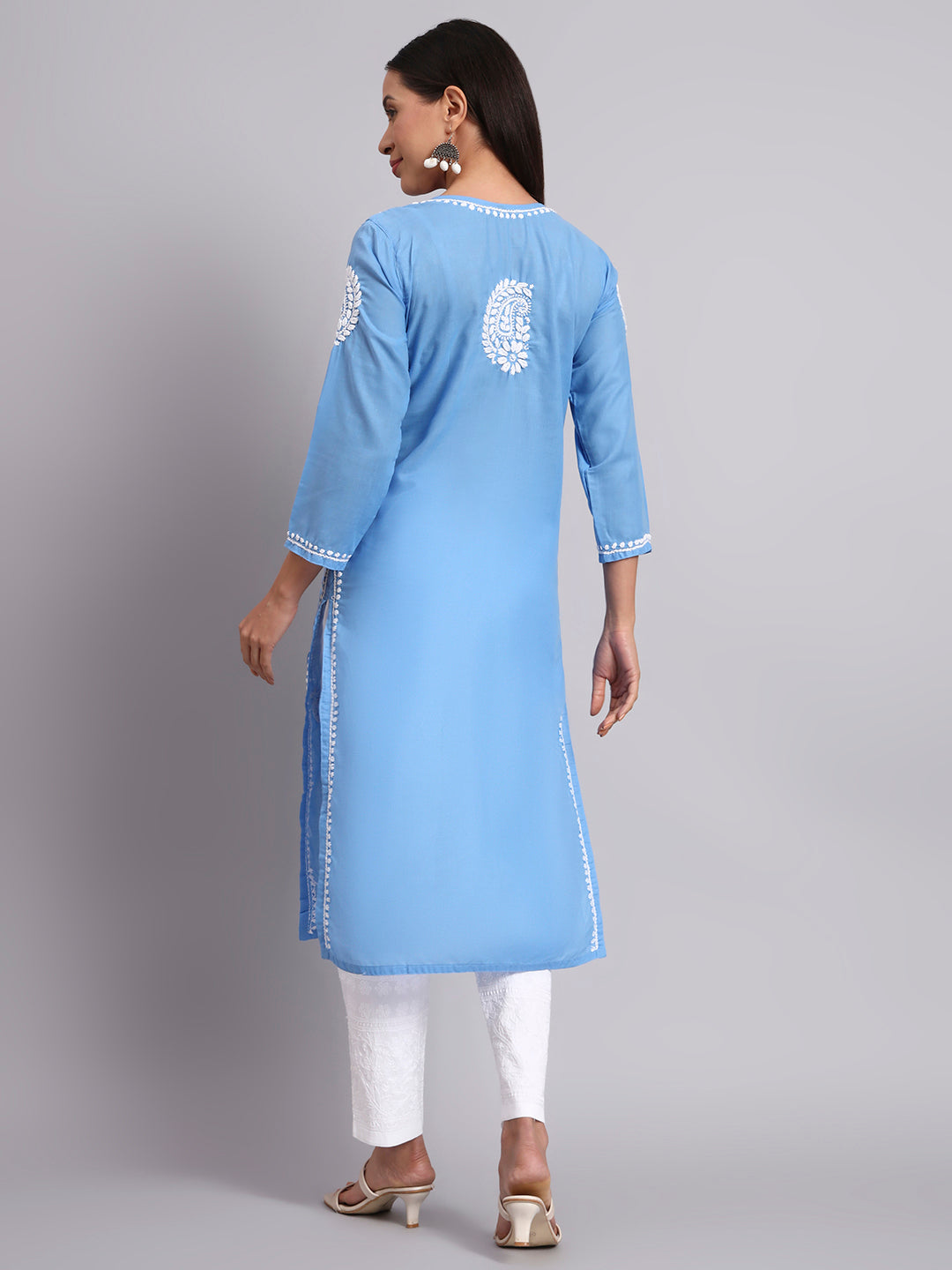 Hand Embroidered Chikankari Cotton Straight Kurta-AL3561 Denim