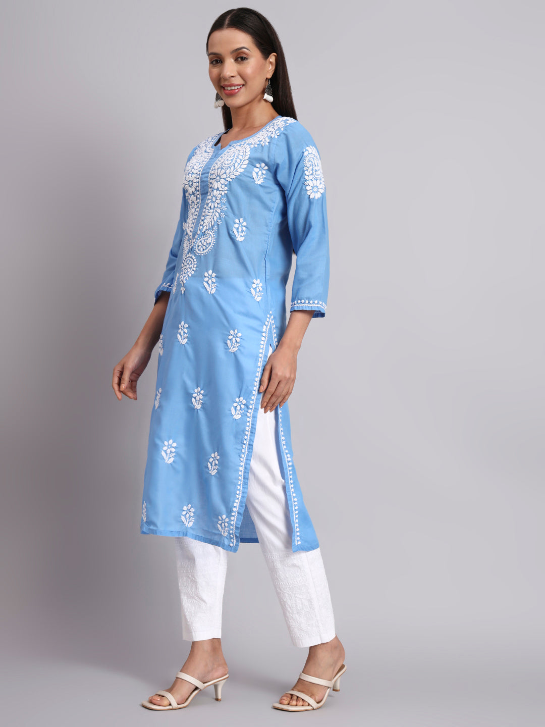 Hand Embroidered Chikankari Cotton Straight Kurta-AL3561 Denim