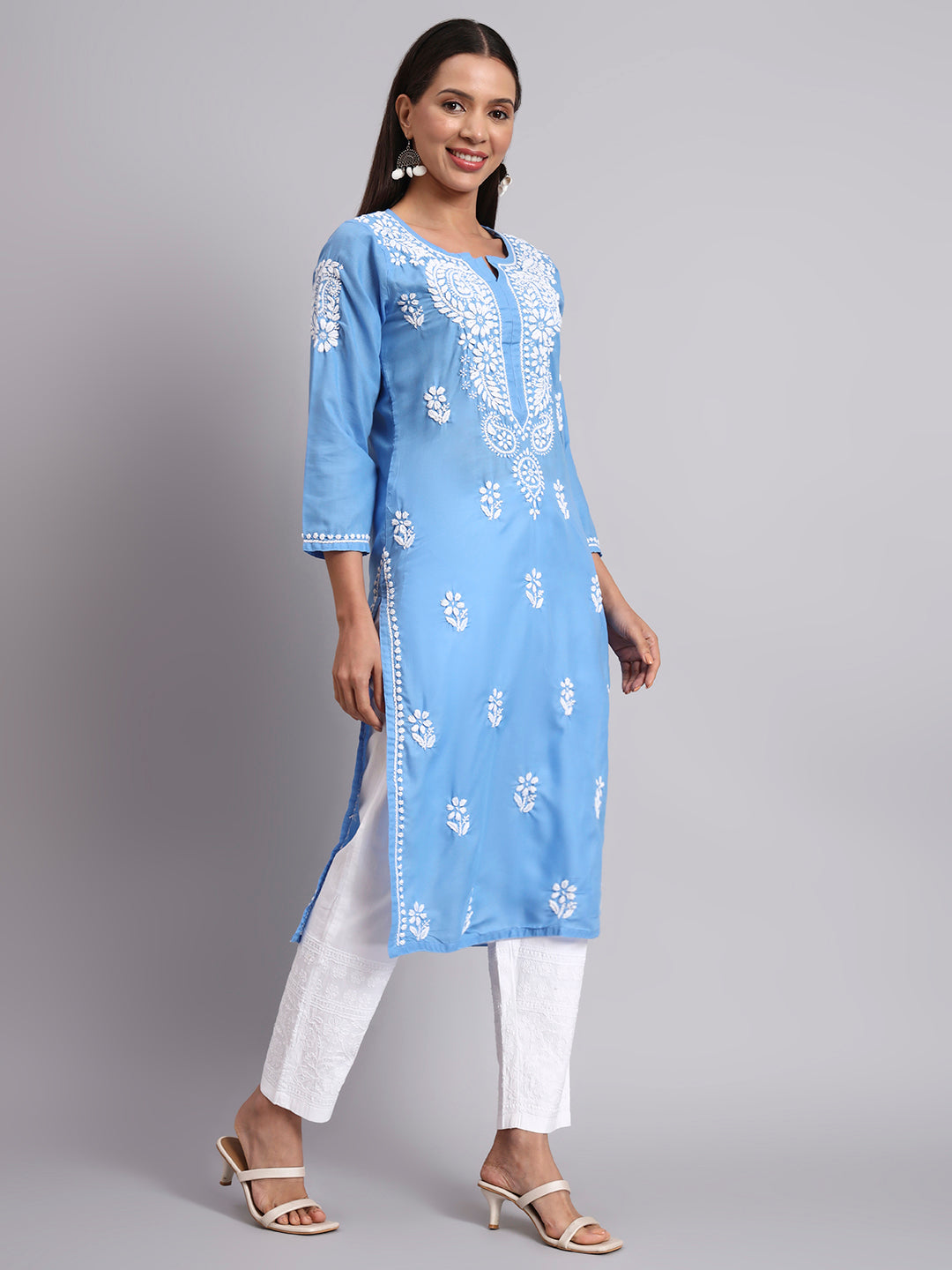 Hand Embroidered Chikankari Cotton Straight Kurta-AL3561 Denim