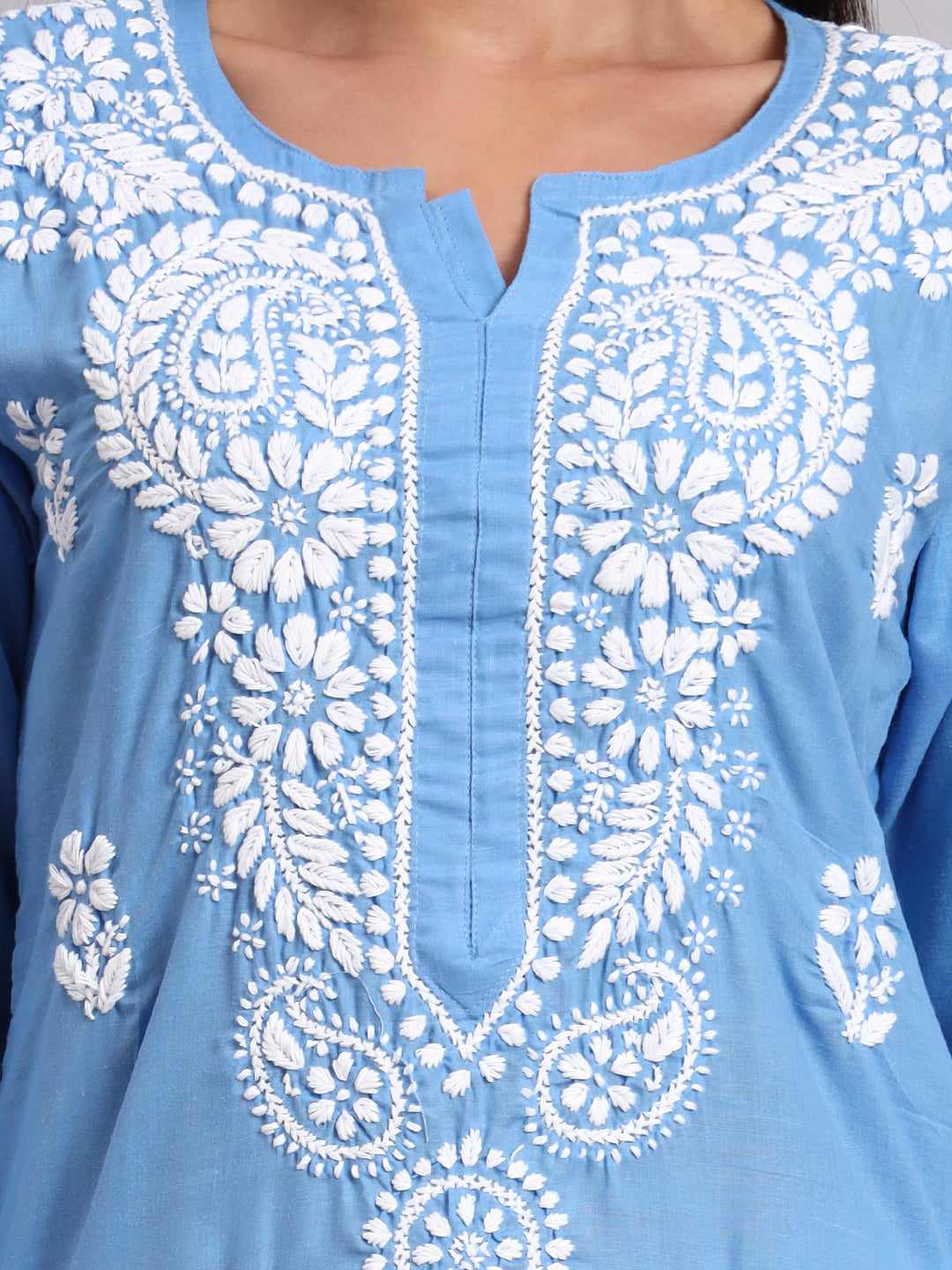 Hand Embroidered Chikankari Cotton Straight Kurta-AL3561 Denim