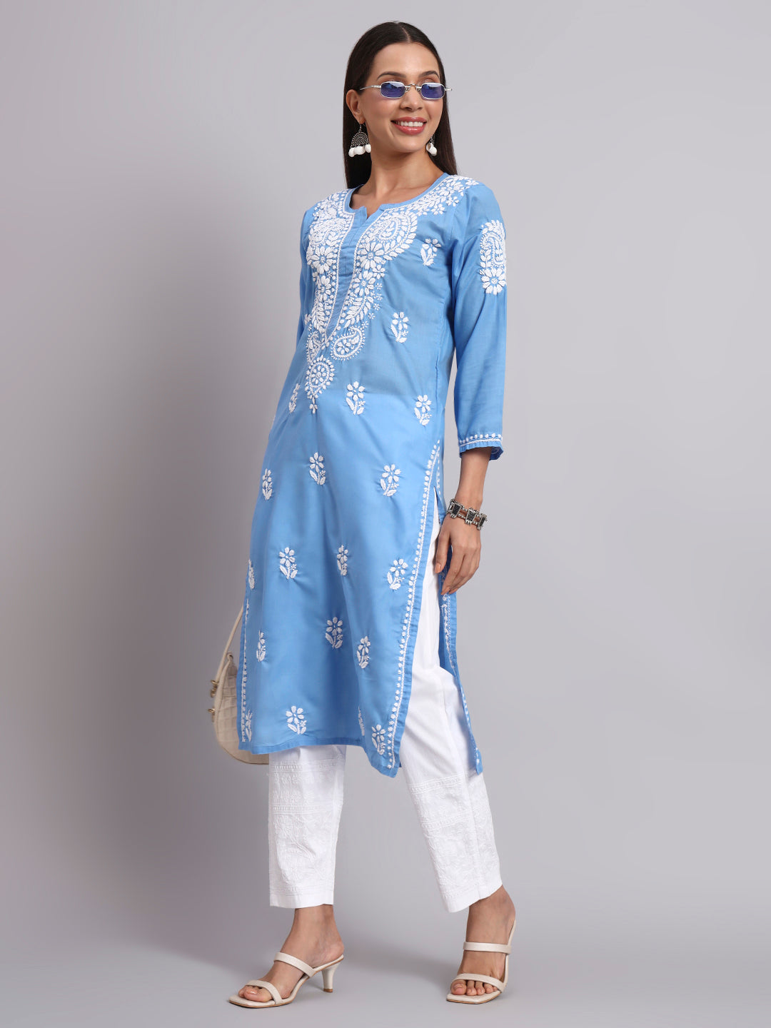 Hand Embroidered Chikankari Cotton Straight Kurta-AL3561 Denim