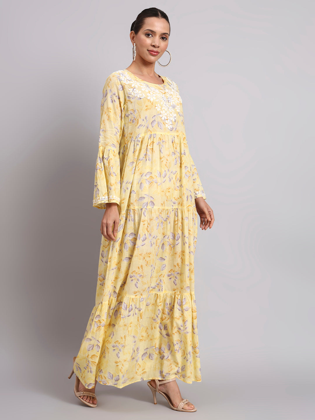Hand Embroidered Chikankari A-Line Gathering Pattern Mulmul Cotton Jalabiya-AL3673A Yellow