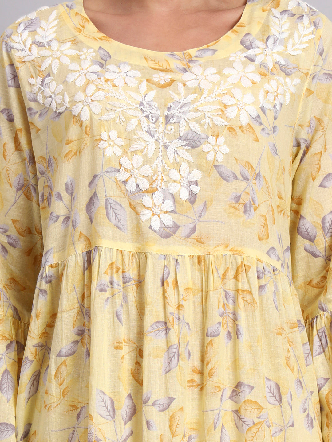 Hand Embroidered Chikankari A-Line Gathering Pattern Mulmul Cotton Jalabiya-AL3673A Yellow