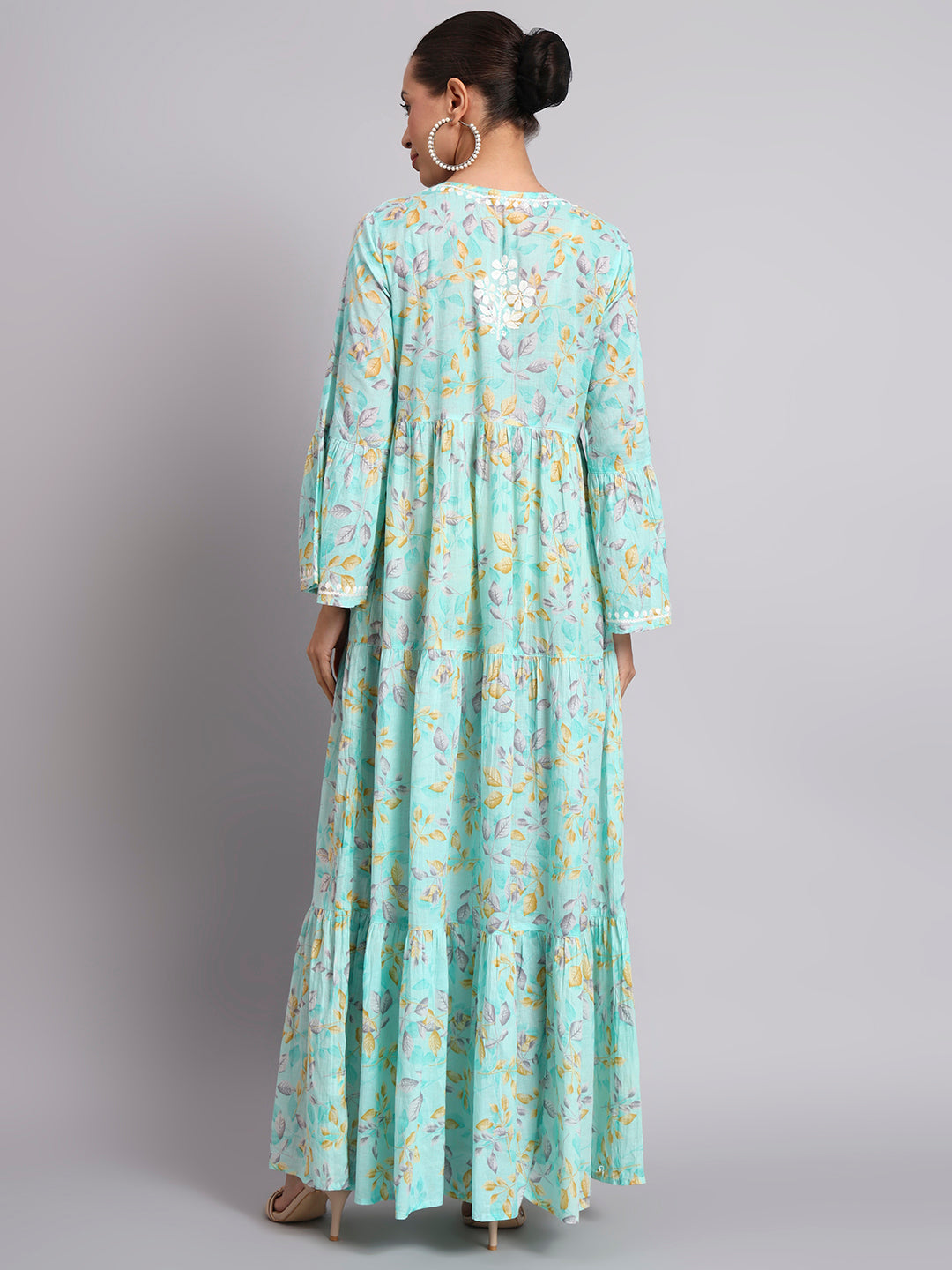 Hand Embroidered Chikankari A-Line Gathering Pattern Mulmul Cotton Jalabiya-AL3673A Seagreen