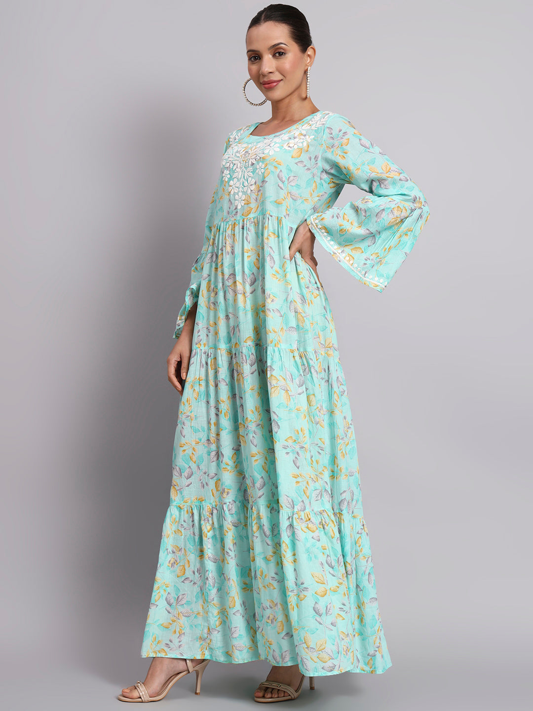 Hand Embroidered Chikankari A-Line Gathering Pattern Mulmul Cotton Jalabiya-AL3673A Seagreen