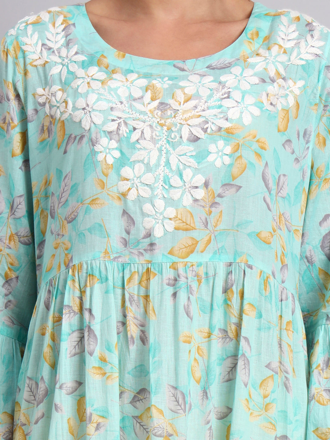 Hand Embroidered Chikankari A-Line Gathering Pattern Mulmul Cotton Jalabiya-AL3673A Seagreen