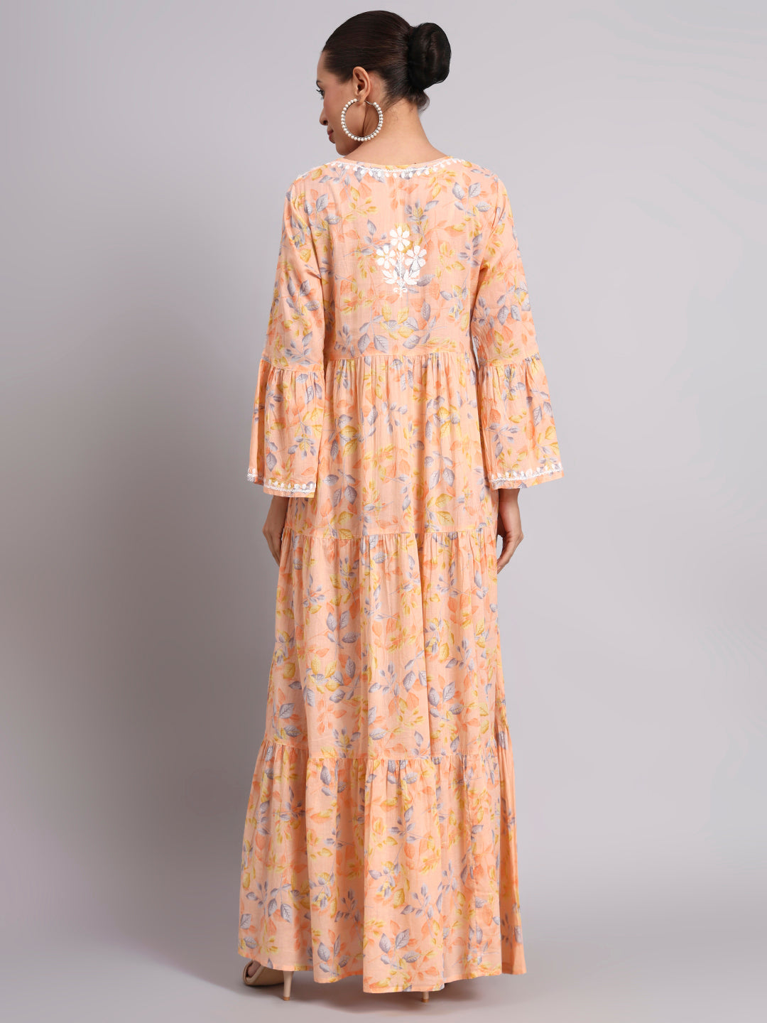 Hand Embroidered Chikankari A-Line Gathering Pattern Mulmul Cotton Jalabiya-AL3673A Peach