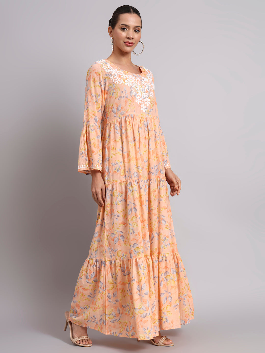 Hand Embroidered Chikankari A-Line Gathering Pattern Mulmul Cotton Jalabiya-AL3673A Peach