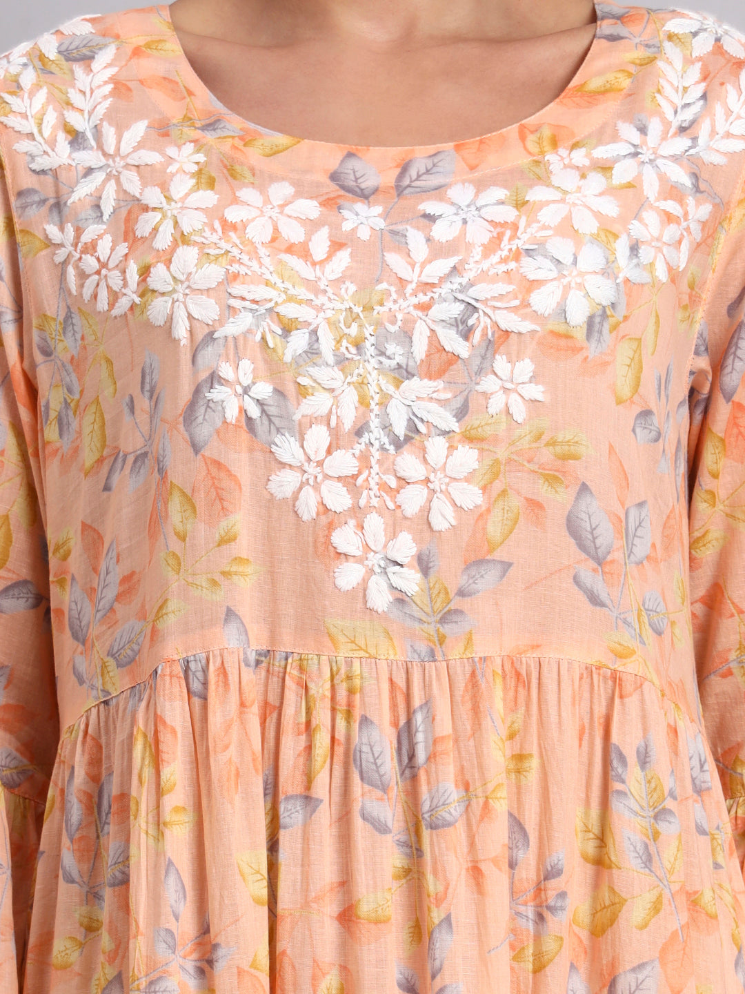 Hand Embroidered Chikankari A-Line Gathering Pattern Mulmul Cotton Jalabiya-AL3673A Peach