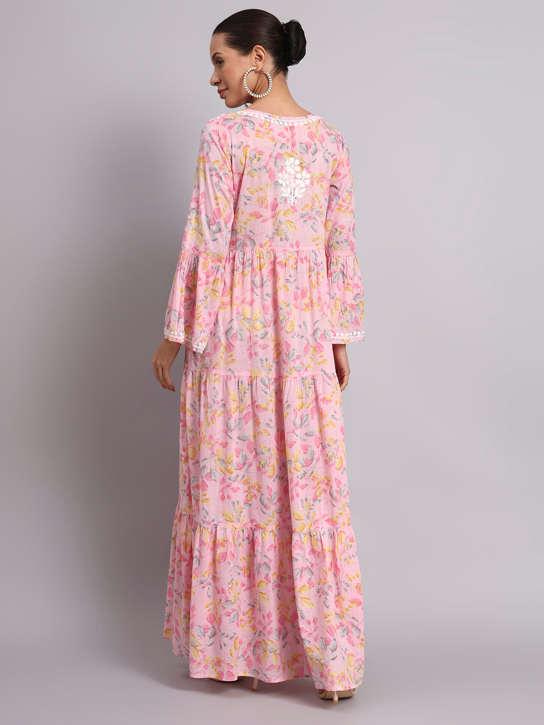 Hand Embroidered Chikankari A-Line Gathering Pattern Mulmul Cotton Jalabiya-AL3673A Pink