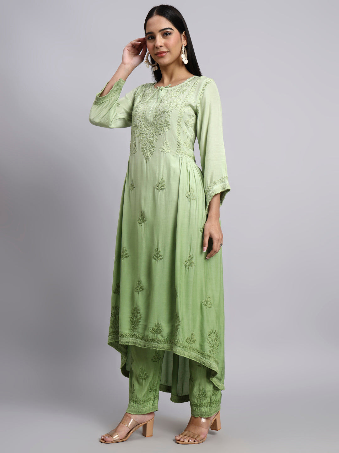 Women Hand Embroidered Chikankari Muslin Kurta Set-AL4101KS Green