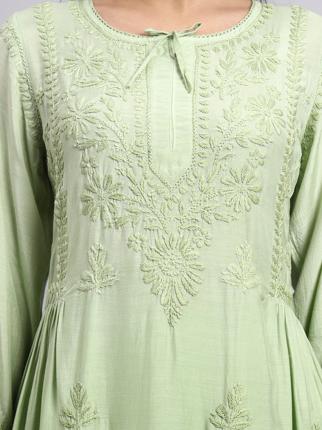 Women Hand Embroidered Chikankari Muslin Kurta Set-AL4101KS Green