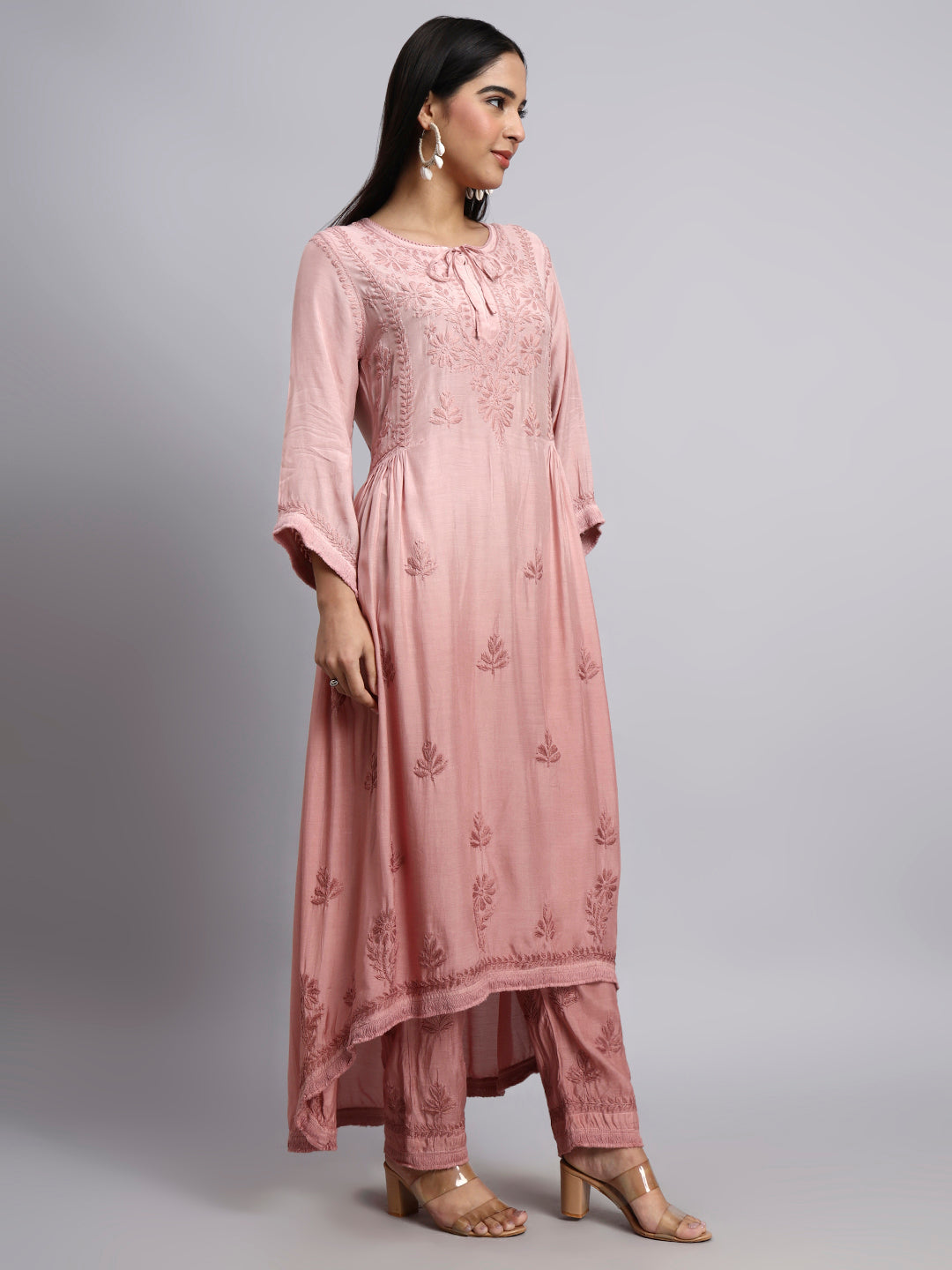 Women Hand Embroidered Chikankari Muslin Kurta Set-AL4101KS Beige