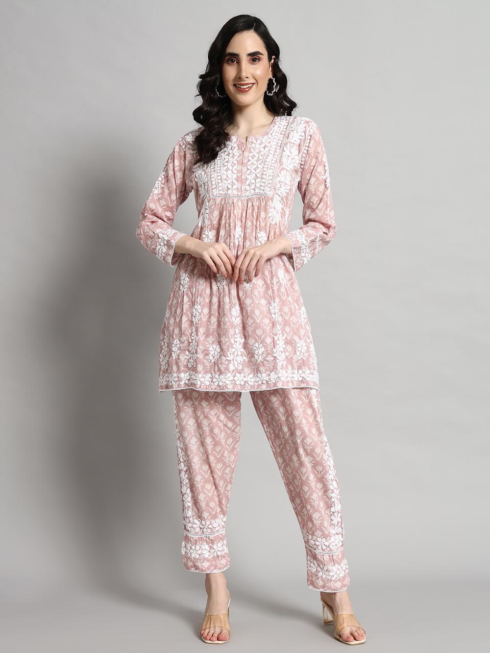 Printed Mulmul Co-Ord Set for Women-AL4055 Onionpink