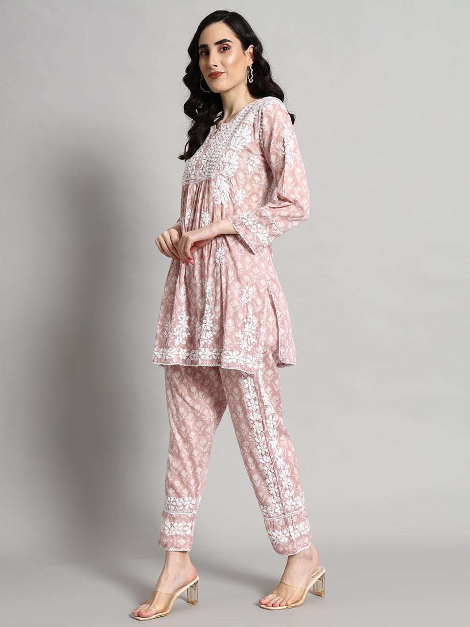Printed Mulmul Co-Ord Set for Women-AL4055 Onionpink