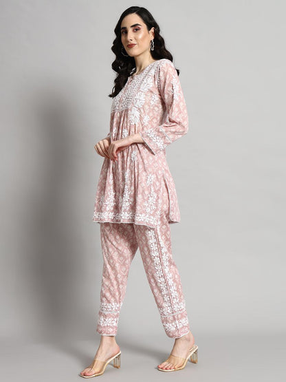 Printed Mulmul Co-Ord Set for Women-AL4055 Onionpink