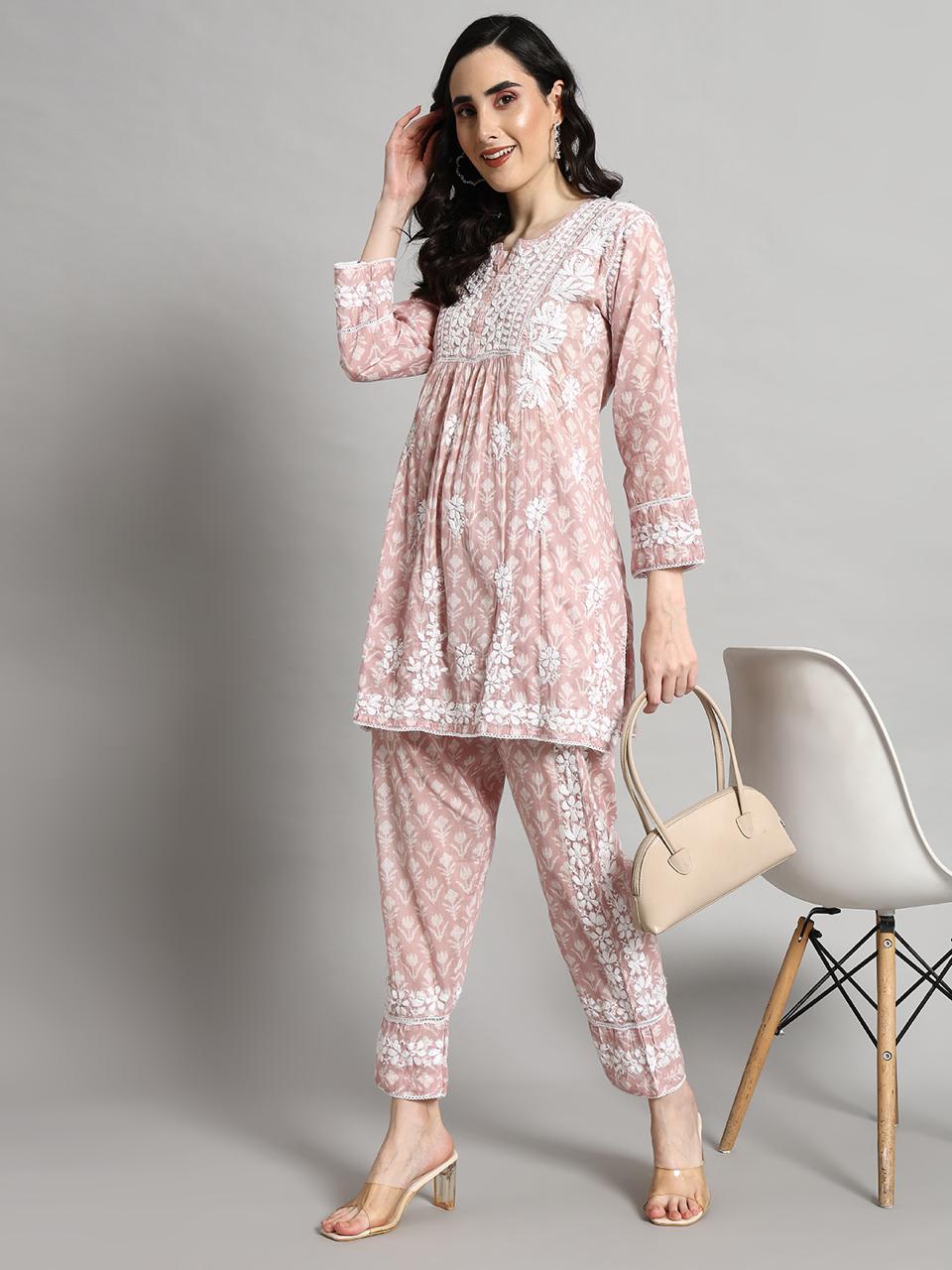 Printed Mulmul Co-Ord Set for Women-AL4055 Onionpink