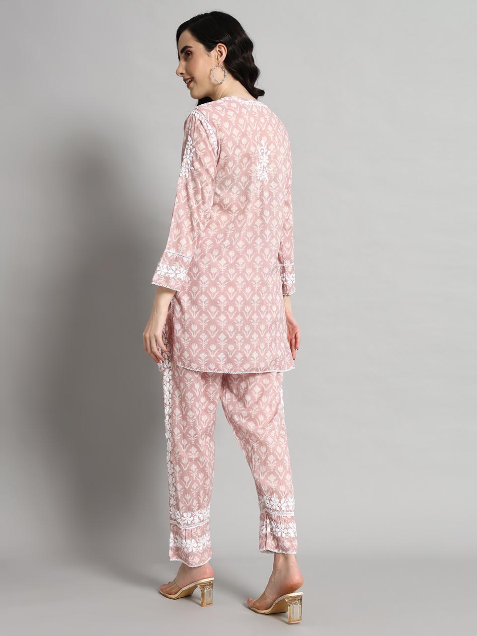 Printed Mulmul Co-Ord Set for Women-AL4055 Onionpink