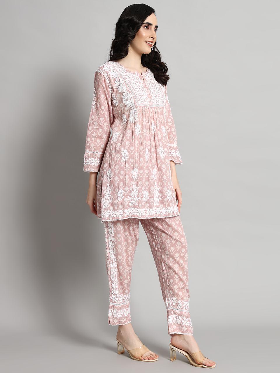 Printed Mulmul Co-Ord Set for Women-AL4055 Onionpink