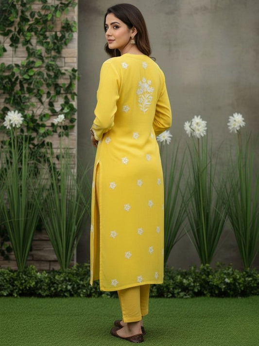 Women Hand Embroidered Chikankari Modal Kurta-AL4059 Dark Yellow
