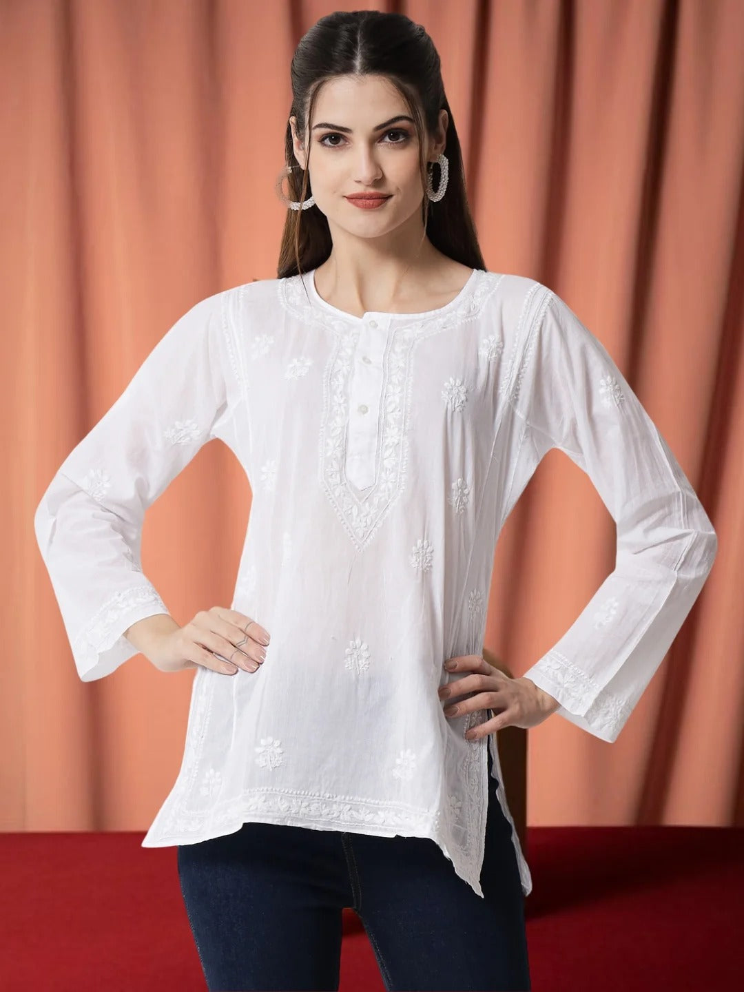 White Hand Embroidered Chikankari  Cotton Chikankari Sustainable Kurti-AL1770