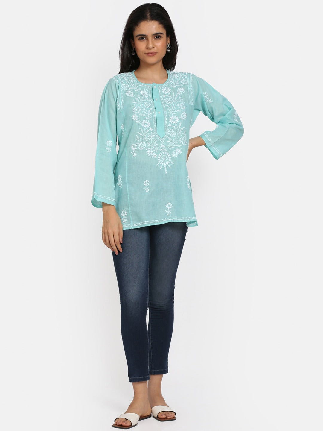 Women Hand Embroidered Chikankari Cotton Kurti-ALSTV115 Lightgreen