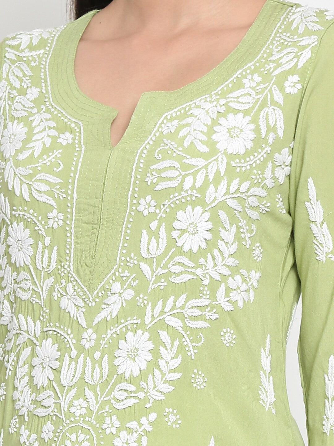 Hand Embroidered Chikankari Rayon Straight Kurta-AL3451 Green