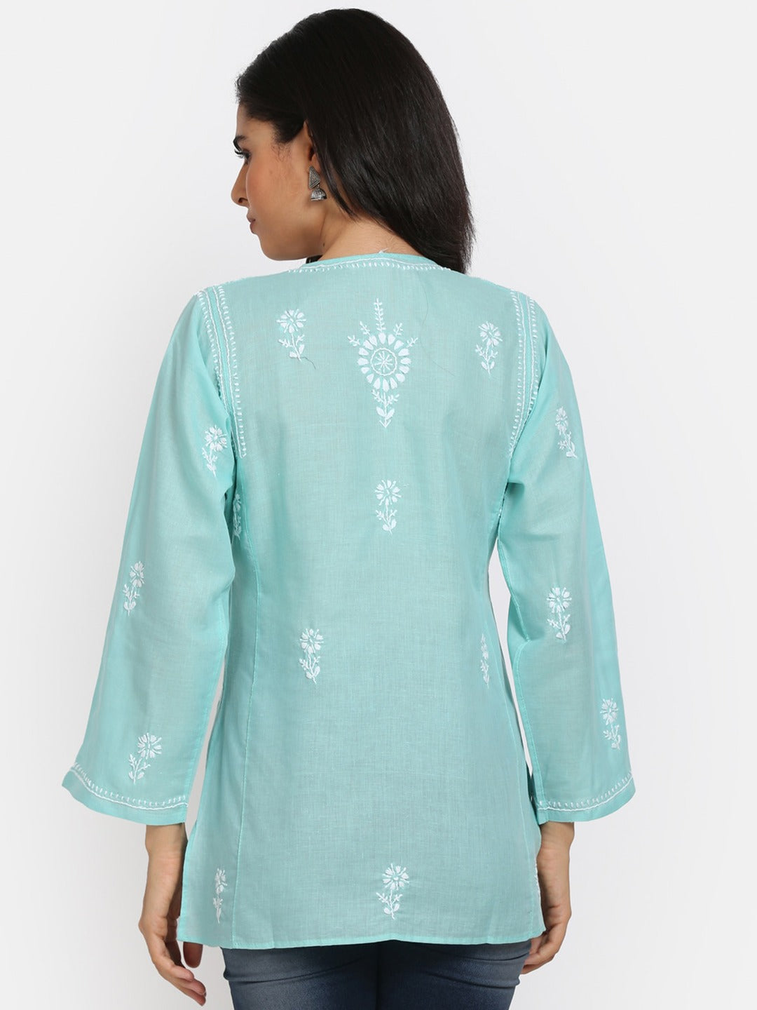 Women Hand Embroidered Chikankari Cotton Kurti-ALSTV115 Lightgreen