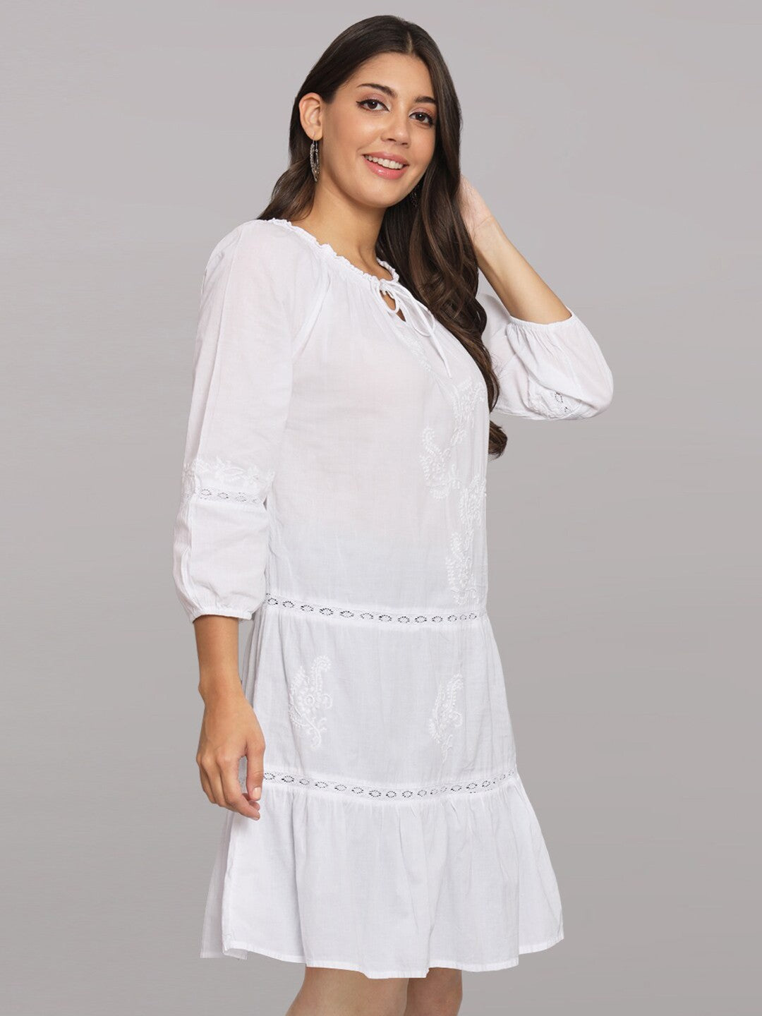 Hand Embroidered Chikankari A-Line Cotto Dress With Elasticated Neckline & Sleeve-AL14362