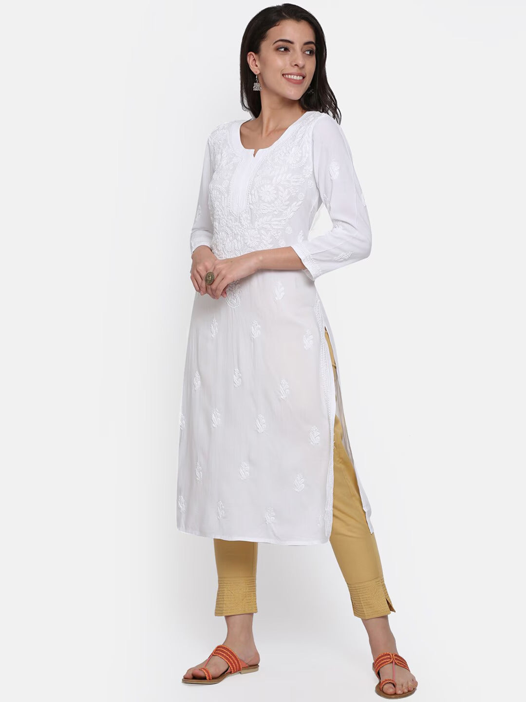Hand Embroidered Chikankari Rayon Straight Kurta-AL3451 White
