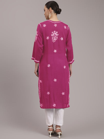 Women Hand Embroidered Chikankari Modal Kurta-AL4059 Magenta