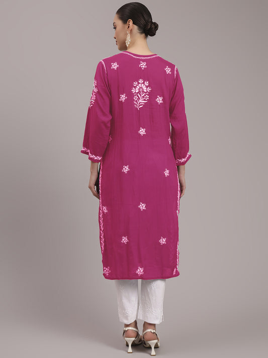 Women Hand Embroidered Chikankari Modal Kurta-AL4059 Magenta