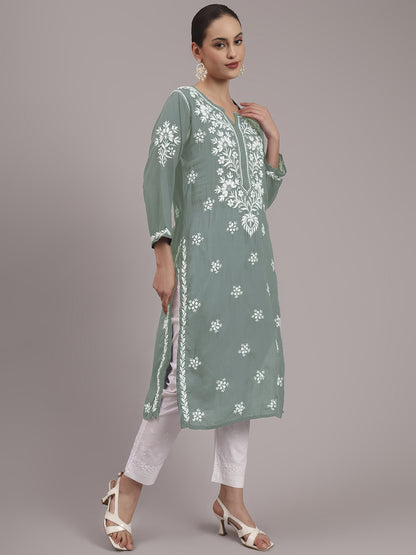 Women Hand Embroidered Chikankari Modal Kurta-AL4059 Light Grey