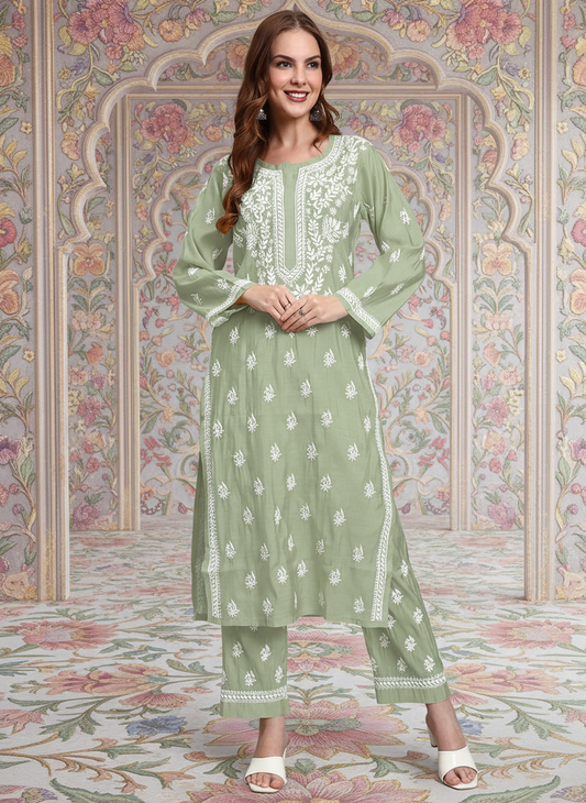 Women Hand Embroidered Chikankari Chanderi Kurta Set-AL4089KS Green