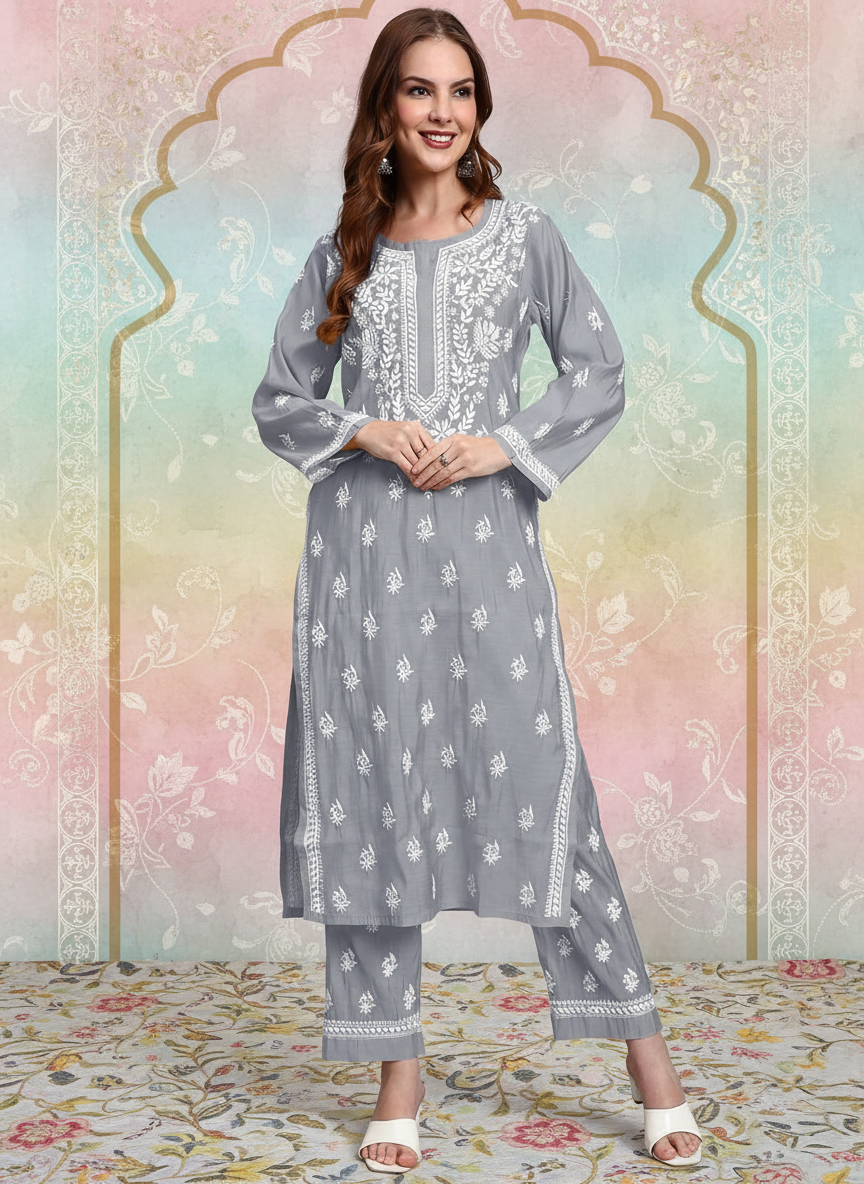 Women Hand Embroidered Chikankari Chanderi Kurta Set-AL4089KS Grey