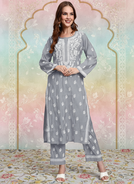 Women Hand Embroidered Chikankari Chanderi Kurta Set-AL4089KS Grey