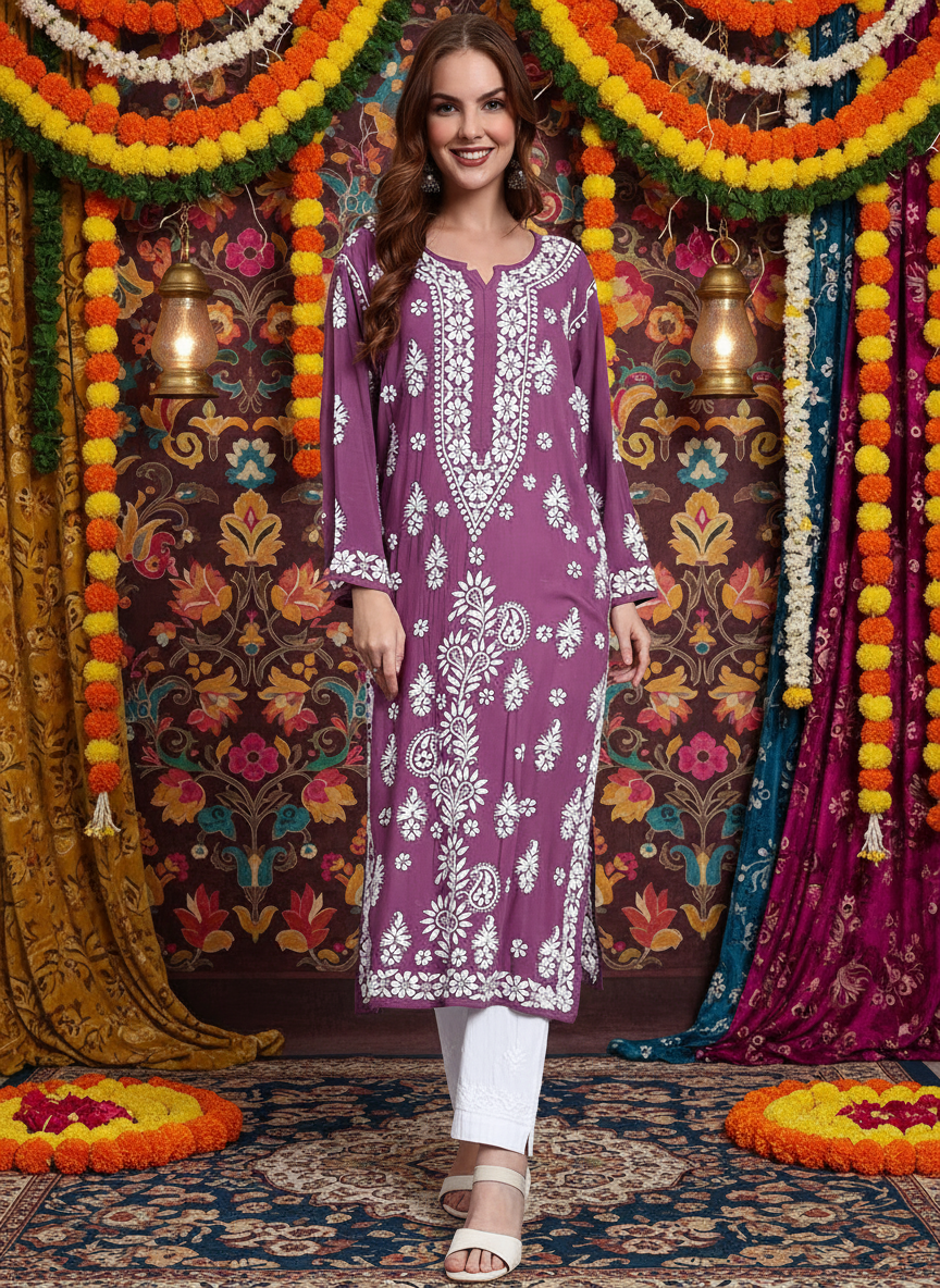 Women Hand Embroidered Chikankari Modal Straight Kurta-AL4042 Violet
