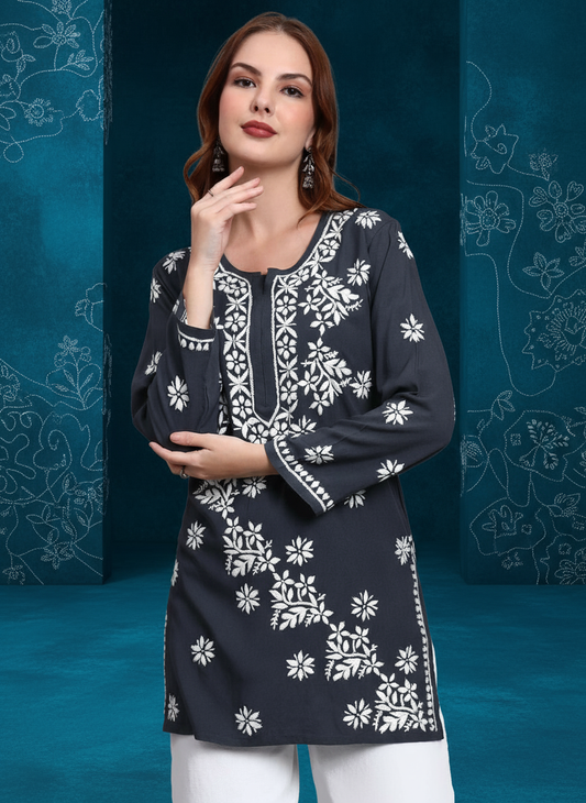 Women Hand Embroidered Chikankari Rayon Short Kurti-AL4071 Grey