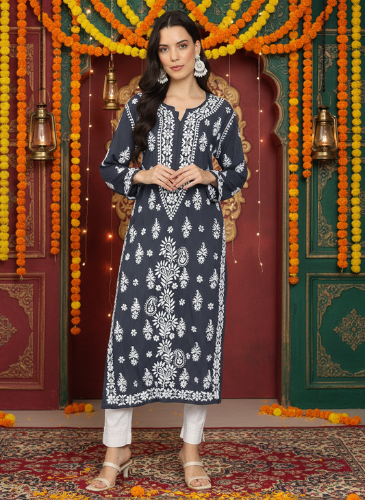 Women Hand Embroidered Chikankari Modal Straight Kurta-AL4042 Grey