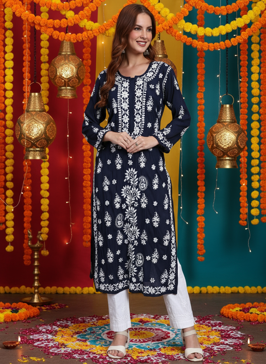 Women Hand Embroidered Chikankari Modal Straight Kurta-AL4042 Navy