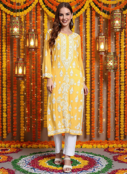Women Hand Embroidered Chikankari Modal Straight Kurta-AL4042 Yellow
