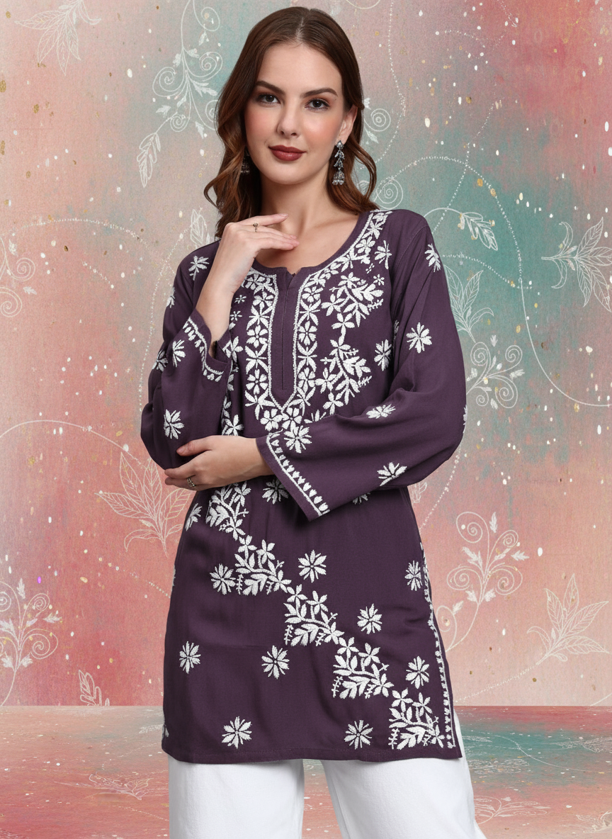 Women Hand Embroidered Chikankari Rayon Short Kurti-AL4071 Violet