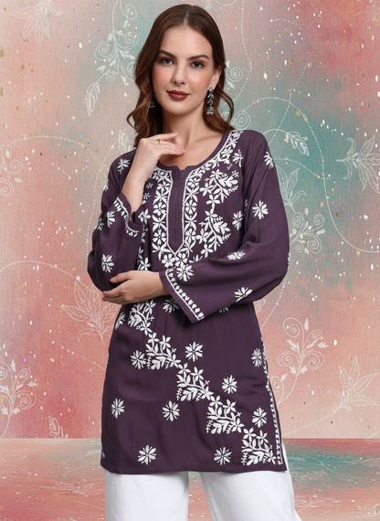 Women Hand Embroidered Chikankari Rayon Short Kurti-AL4071 Violet