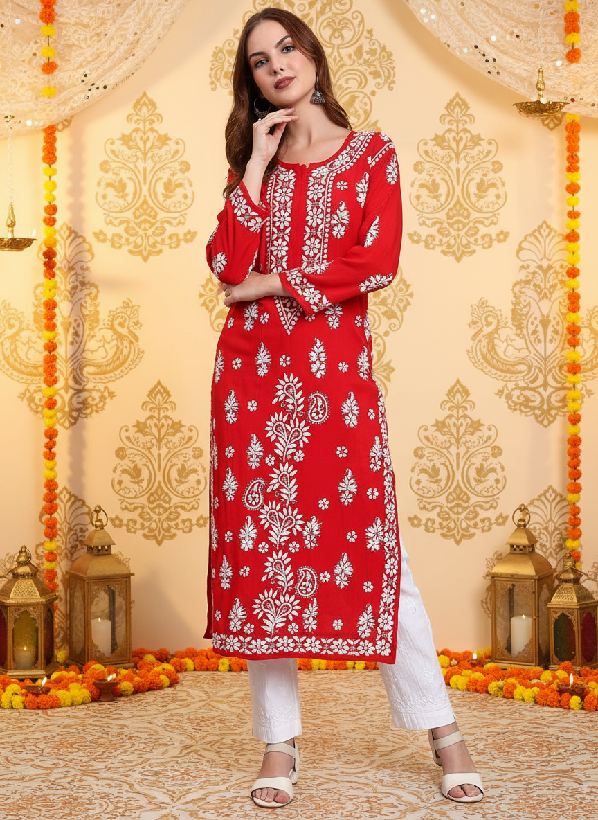 Women Hand Embroidered Chikankari Modal Straight Kurta-AL4042 Red