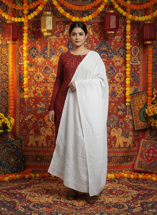 Women Hand Embroidered Mulmul Cotton Chikankari Dupatta-AL4092