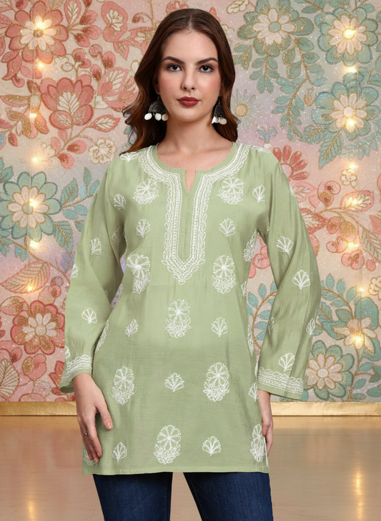 Women Hand Embroidered Chikankari Chanderi Short Kurti-AL4090 Green