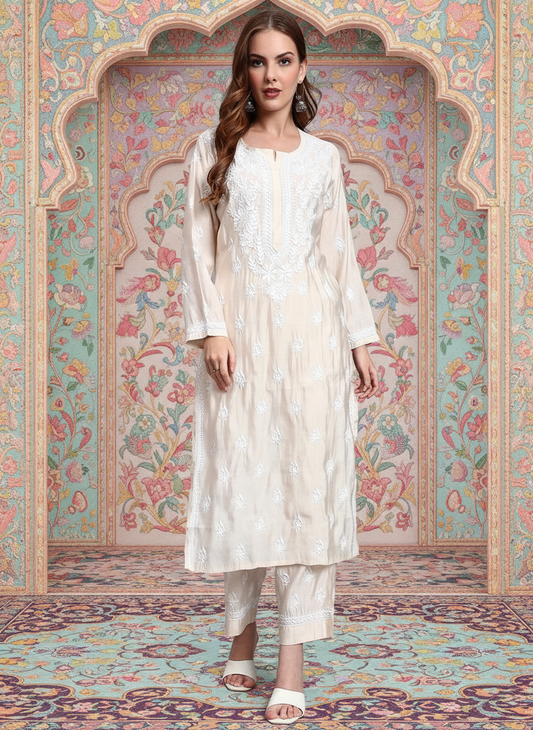 Women Hand Embroidered Chikankari Chanderi Kurta Set-AL4089KS Beige