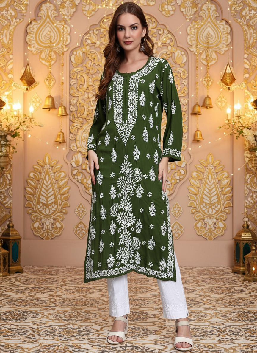 Women Hand Embroidered Chikankari Modal Straight Kurta-AL4042 Forest Green